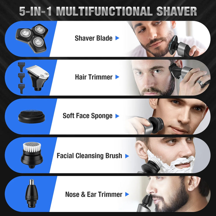 5-In-1 Electric Shaver for Men,Multi-Function Rechargeable Razor with Hair Trimmer, Nose Hair Trimmer,Wet/Dry Use,Cordless,Gray
