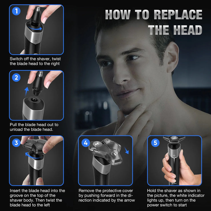5-In-1 Electric Shaver for Men,Multi-Function Rechargeable Razor with Hair Trimmer, Nose Hair Trimmer,Wet/Dry Use,Cordless,Gray